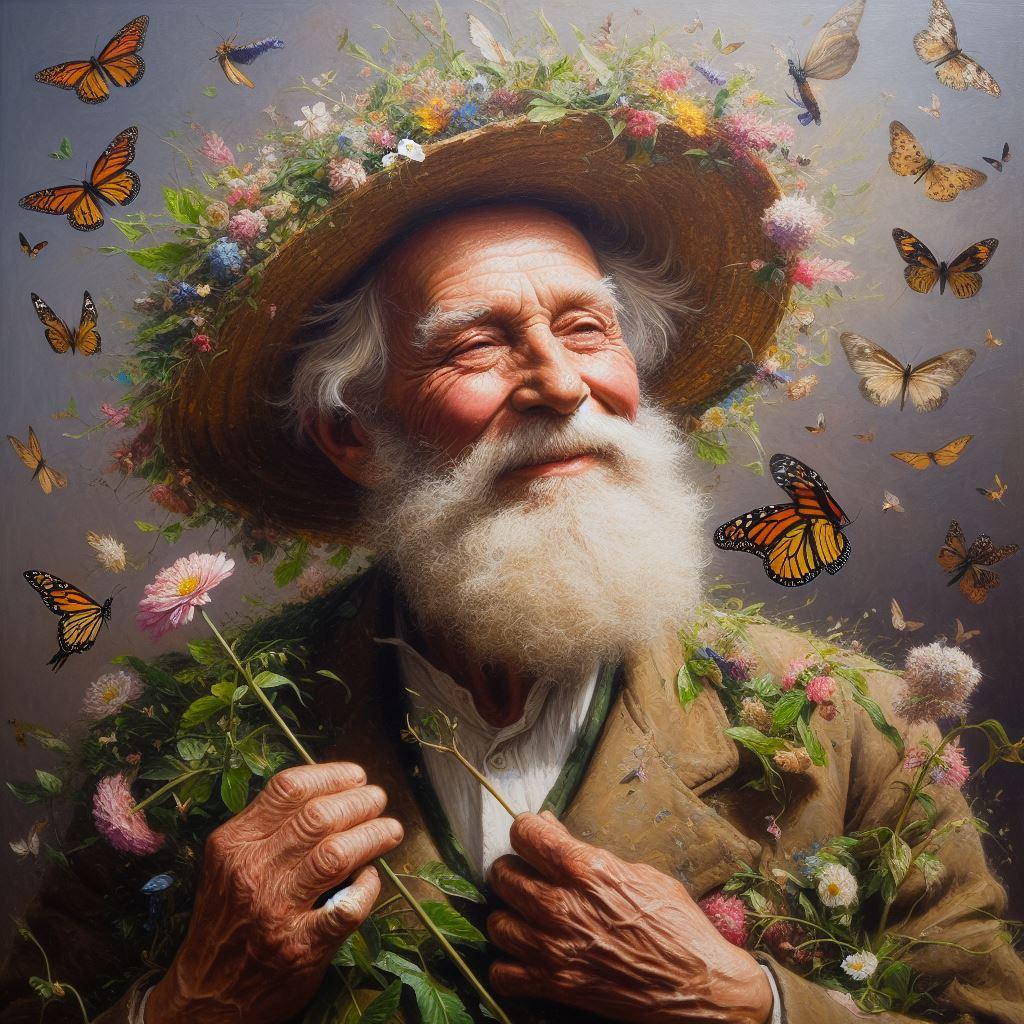 das Bild zeigt einen alten Mann mit einer Blume in der rechten Hand, der einen sehr zufriedenen Gesichtsausdruck hat. Es lädt ein in den Privelacker Paradiesgarten zum Pflanzenmarkt im Frühjahr 2024.