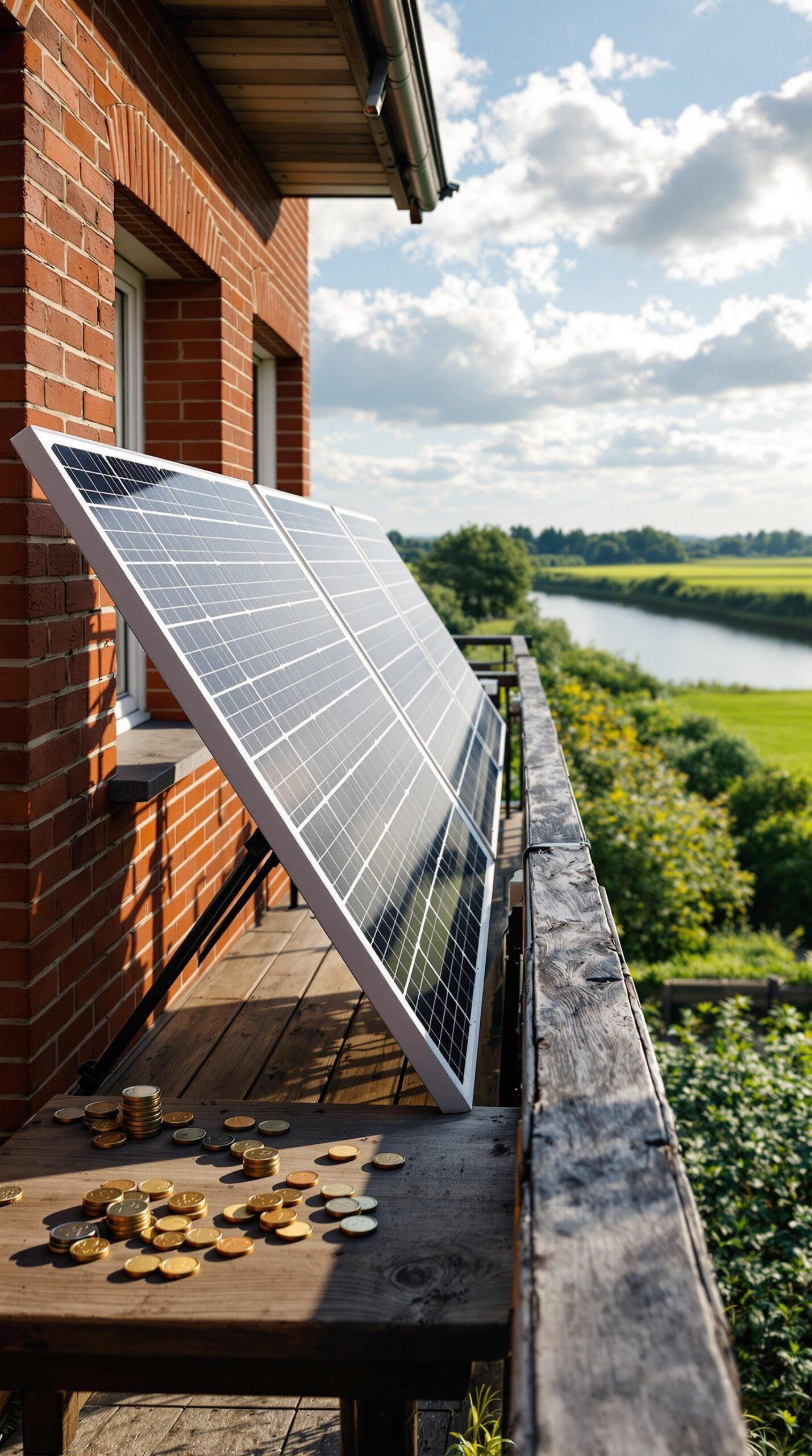 Balkonkraftwerk das Bild zeigt eine auf einem Balkon montierte Solaranlage, im Hintergrund ist ein Fluss, die Elbe, zu sehen. Esliegen ein ige Münzen auf dem Balkon, was zeigen soll, wie mit der Anlage Geld gespart wird.