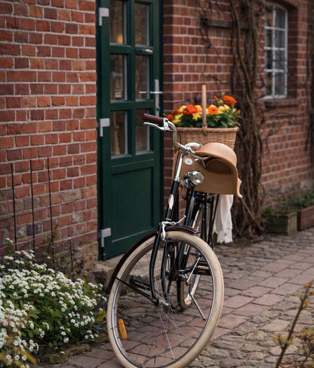 das Bild zeigt ein Fahrrad vor der Pension im Privelacker Paradiesgarten. In einem Korb auf dem Gepäckträger sieht man Blumen und am Lenker einen sommerlichen Strohhut.